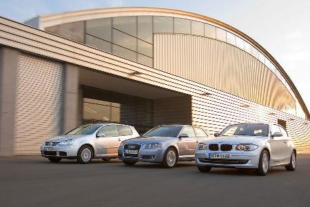 Der BMW 1er mit 1,6-Liter-Saugmotor tritt gegen die beiden kleinen 1,4-Liter-Turbos im VW Golf und Audi A3 an.