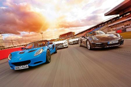 Jaguar F-Type, Lotus Elise S CR, Mercedes SLK 350, Porsche Boxster, Frontansicht
