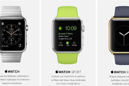 Die drei Ausführungen der Apple Watch. Ganz rechts die Gold-Version zu Preisen ab 10.000 Dollar.