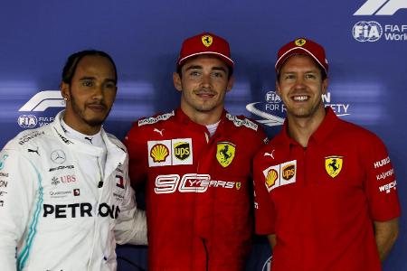 Lewis Hamilton, Polesetter Charles Leclerc und Sebastian Vettel nach Q3
