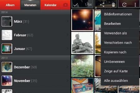 Die App Smart Album Photocal Free zeigt Ihre Bilder übersichtlich nach Monaten geordnet an. Über die Befehle „Kopieren nach“...