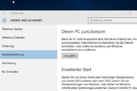 Windows 10 zurücksetzen - Einstellungen - In die Wiederherstellung gelangen Sie über Start, Einstellungen und den Punkt Upda...