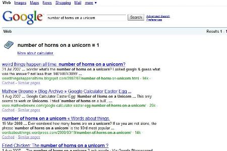 Der Google-Taschenrechner liefert auch auf die Frage, wieviele Hörner ein Einhorn hat eine witzige Antwort