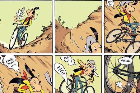 Lucky Luke lernt schnell, dass so ein Fahrrad auch mal einen Platten hat