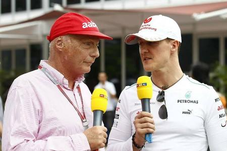 Legenden unter sich: Niki Lauda und Michael Schumacher während einer Formel-1-Übertragung bei RTL