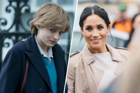 Emma Corrin (l., in ihrer Rolle als Lady Di) sieht Gemeinsamkeiten zwischen der verstorbenen Prinzessin und Herzogin Meghan.