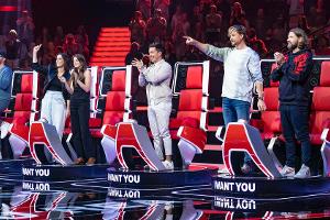 Mark Forster (v.l.), Stefanie Kloß, Yvonne Catterfeld, Nico Santos, Samu Haber und Rea Garvey suchen 2020 "The Voice of Germ...
