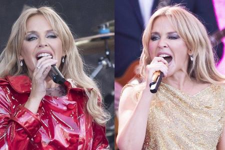 Die Sängerin strahlte in einem knallroten PVC-Kleid sowie in einer glamourösen goldenen Robe.