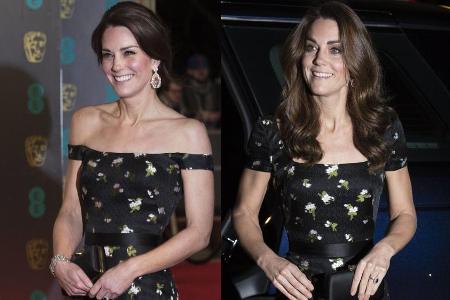 Herzogin Kate im Jahr 2017 bei den BAFTAs (l.) und am Dienstag bei der diesjährigen Portrait Gala der National Portrait Gallery