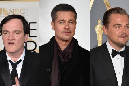 Quentin Tarantino (l.) setzt mit Brad Pitt und Leonardo DiCaprio (r.) auf zwei alte Bekannte