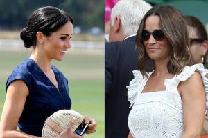 Herzogin Meghan (l.) trägt Pippa Middletons Rattan-Clutch