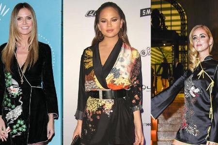 Heidi Klum, Chrissy Teigen und Chiara Ferragni (v.l.) vertrauen auf die Mode-Formel Kimono-Dress und Overdress