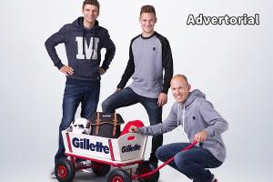 Thomas Müller, Joshua Kimmich und Arjen Robben (von li. nach re.) werben für Gillette