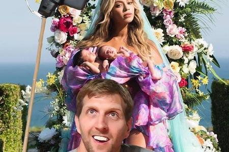 Dirk Nowitzki mit Selfiestick vor Beyoncé und ihren Zwillingen