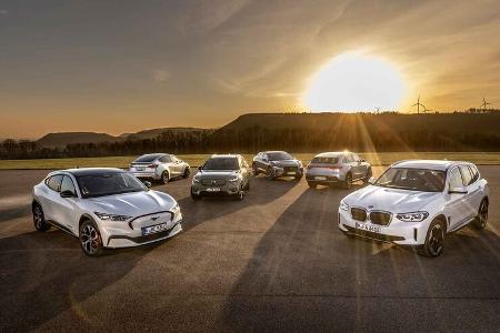 BMW IX3, Ford Mustang Mach-E, Jaguar I-Pace, Mercedes EQC 400, Tesla Model Y, Volvo XC40 Recharge