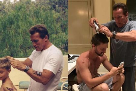 Früher wie heute schneidet Arnold Schwarzenegger seinem Sohn Patrick die Haare
