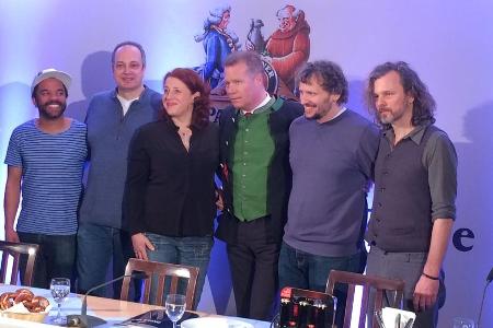 Pressekonferenz am Nockherberg (v.r.): Singspiel-Komponist Gerd Baumann, Regisseur Marcus H. Rosenmüller, Paulaner-Geschäfts...