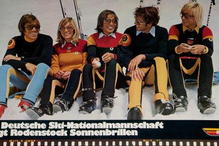 Die Deutschen Skifahrer bei Olympia 1988 (Rieger, Behr, Mittermaier, Neureuther, Treichl) tragen Rodenstock auf den Nasen
