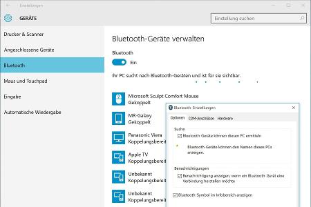 Damit Windows-Rechner für andere Bluetooth-Geräte per Umgebungssuche auffindbar sind, muss die Bluetooth-Funktion in der Ein...