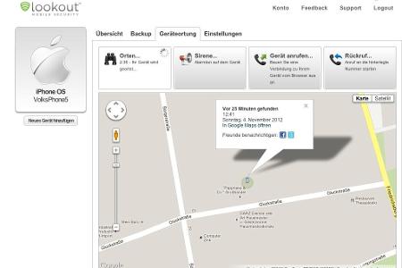 Über das deutschsprachige Webinterface hat man Zugriff auf die Ortungsfunktion und weitere Optionen zum Auffinden des iPhone.