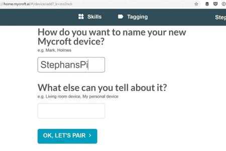 Zur Einrichtung wird ein Benutzerkonto auf der Projektseite Mycroft benötigt. Bei der Einrichtung muss ein sechsstelliger Co...