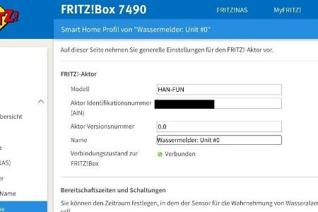 Einstellungen zum Wasserschadenmelder im Webfrontend der Fritzbox.