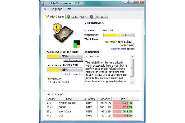HDD Life überprüft auf Wunsch den Zustand Ihrer Festplatten und meldet Ihnen sofort, wenn ein Wert in einen kritischen Berei...