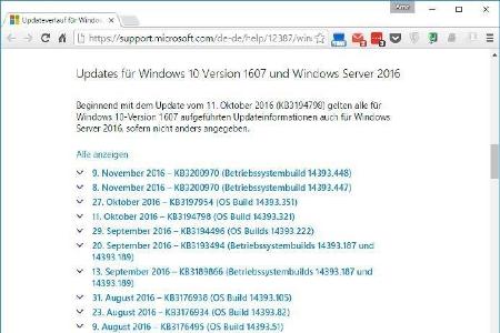 Microsoft listet aktuell für Windows 10 verfügbare Updates auf. Die Build-Nummer vergleichen Sie mit der in den Windows-Eins...