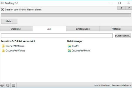 Besser Kopieren und Verschieben: Teracopy merkt sich die zuletzt genutzten Ordnerpfade. Dateien oder Ordner zieht man einfac...