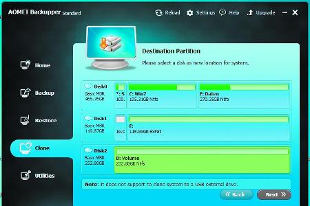 Der Aomei-Backupper kopiert einzelne Partitionen oder die vollständige Festplatte von einem Datenträger auf den anderen.