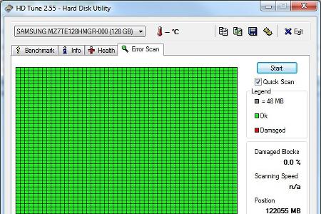 Das Tool HD Tune gibt Auskunft über den Zustand der einzelnen Sektoren der Festplatte. Gesunde Blöcke werden grün, beschädig...