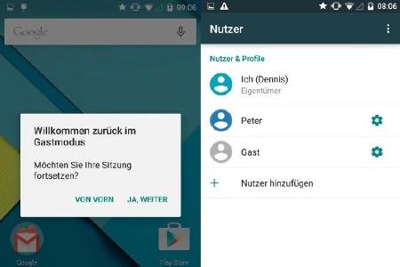 Gastkonto und Übersicht über die Benutzerkonten.