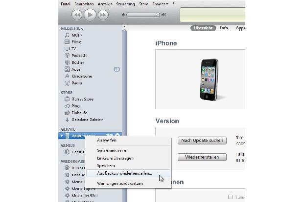 2. Per Kontextmenü lässt sich ein neues iPhone aus einem Backup wiederherstellen.