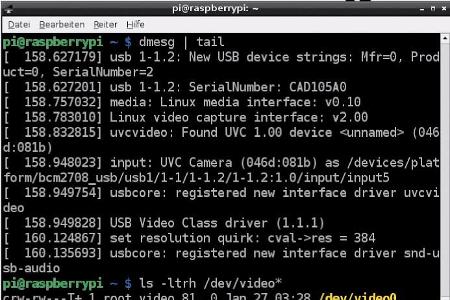 Kamera gefunden: Sie ermitteln über dmesg | tail, ob der Raspberry Pi eine USB-2.0-Kamera gefunden und aktiviert hat. Diese ...