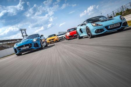 Lotus Exige Sport 410, Porsche 911 Carrera T, BMW M4, Mercedes-AMG E 63 S, Jaguar F-Type SVR - sport auto 9/2018