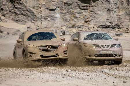 Mazda CX-5, Nissan Qashqai, Frontansicht, Schlamm
