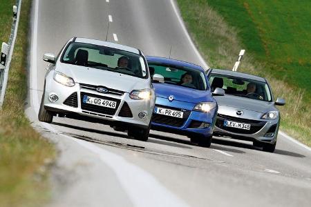 Ford Focus 1.6 ECOBOOST, Mazda 3 2.0 MZR i-STOP, Renault Megane TCe 130, alle Fahrzeuge, Frontansicht