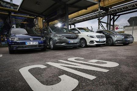 Audi A5 Sportback g-Tron 2.0 TFSI, Mercedes B 200 c, Opel Zafira 1.6 CNG, VW Golf TGI, Exterieur