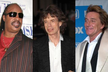 Stevie Wonder, Mick Jagger und Rod Stewart (v.l.) gehören zu den kinderreichen Promi-Papas