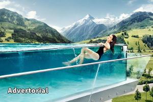 Im gläsernen Skyline-Pool vor einer herrlichen Bergkulisse