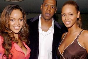 Rihanna (l.), Def-Jam-Records-Chef Jay Z und Beyoncé Knowles kennen sich schon lang - hier 2005 auf einem Event seiner Platt...