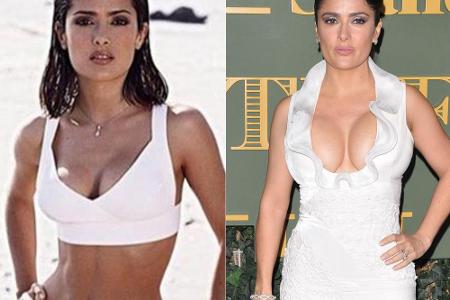 So sah Salma Hayek vor der Schwangerschaft aus (l.) und so sieht sie heute aus
