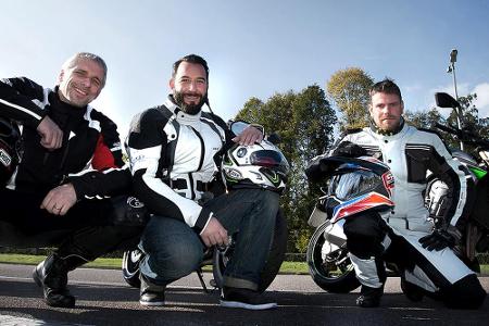 Die Moderatoren: v.l. Motorrad-Sicherheitstrainer Dirk Kersting, TV-Moderator Jens Kuck, Motorrad-Stunt-Fahrer Dirk Manderbach