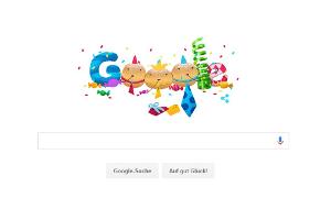 Zur Weiberfastnacht lässt das Google Doodle drei Krapfen in einen Konfettiregen tanzen.
