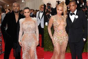 Zu viel Haut zu sehen? Kim Kardashian mit Ehemann Kanye West (l.) und Beyoncé mit Ehemann Jay-Z, jeweils bei der Gala im Mai...