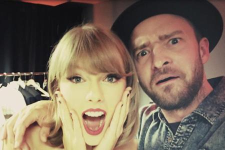 Justin Timberlake und Taylor Swift schneiden vor einem Konzert Grimassen