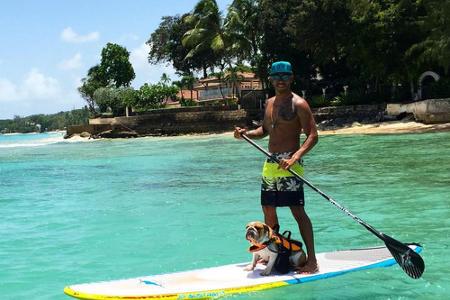 Lewis Hamilton und Coco beim Surfen