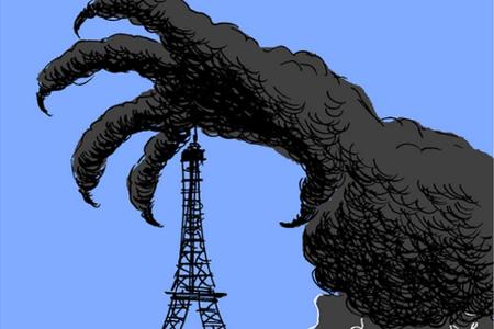 ... und den Terror, dargestellt durch eine Explosionswolke, die nach dem Eiffelturm greift.