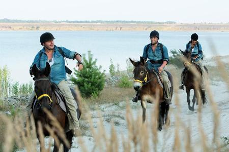 Sie ritten auf Maultieren an einem Gewässer entlang.