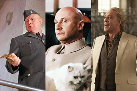 Drei legendäre Bond-Gegenspieler: Auric Goldfinger (Gert Fröbe), Ernst Stavro Blofeld (Donald Pleasence) und Raoul Silva (Ja...